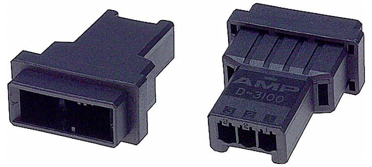 Two black rectangular electrical connectors, one showing the plug side and the other the receptacle side, labeled AMP D-3100.
