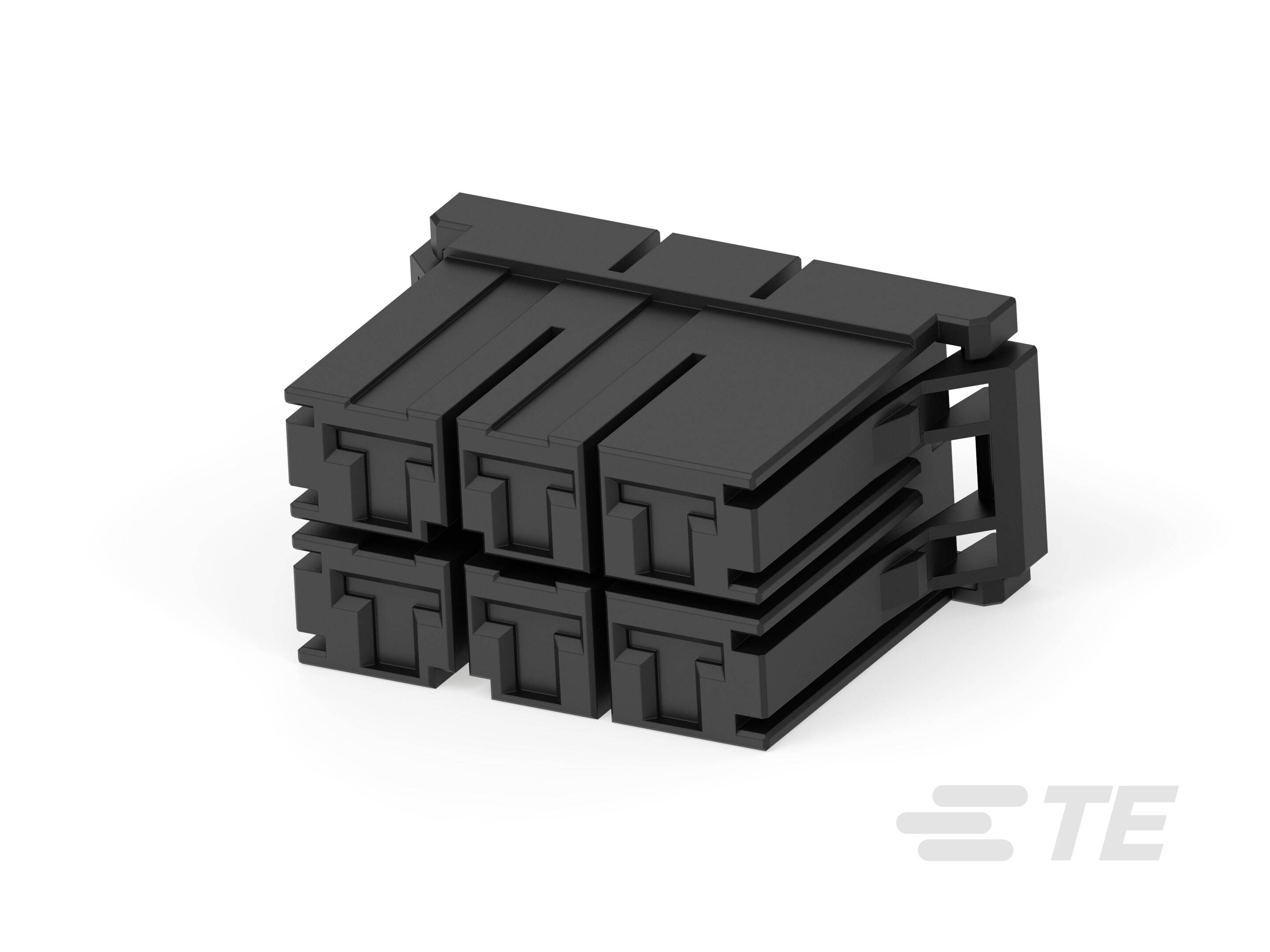 Black plastic plug with six rectangular terminals in two rows. 'TE' marking located bottom right.