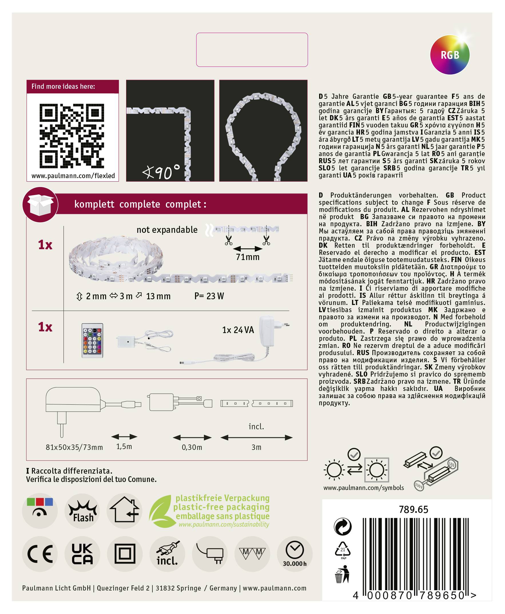 Rückseite einer Verpackung für LED-Lichterkette. Enthält technische Informationen, QR-Code, Symboldiagramme für Montage und Warnhinweise.