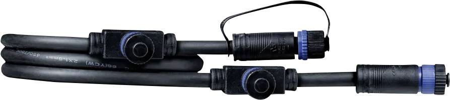 Two black cables with blue plugs and locks, connected by a simple socket and a plug connection.