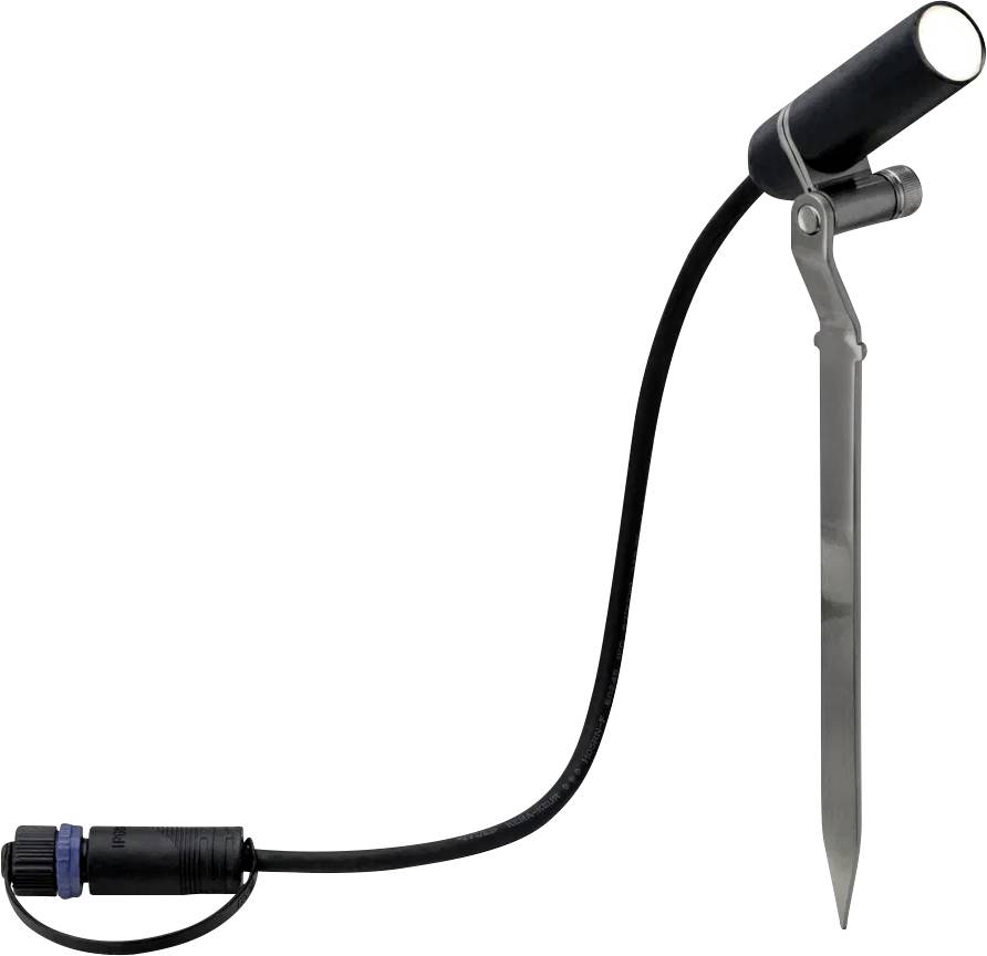 A black sensor with a metal pin for measuring soil moisture, with a waterproof cable connection at the end.