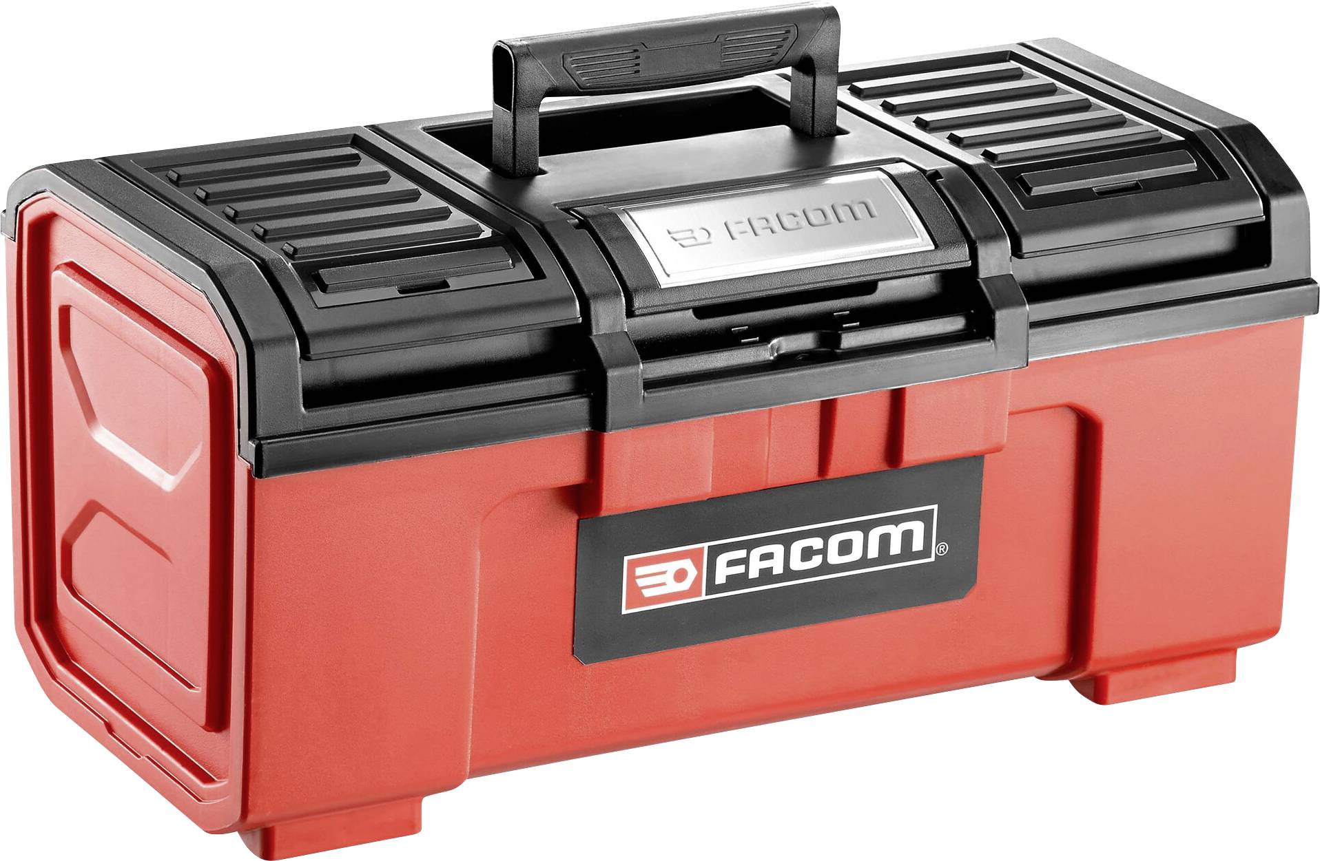 A red toolbox with a black lid and carry handle, branded 'Facom'. It is sturdy and suitable for transporting tools.