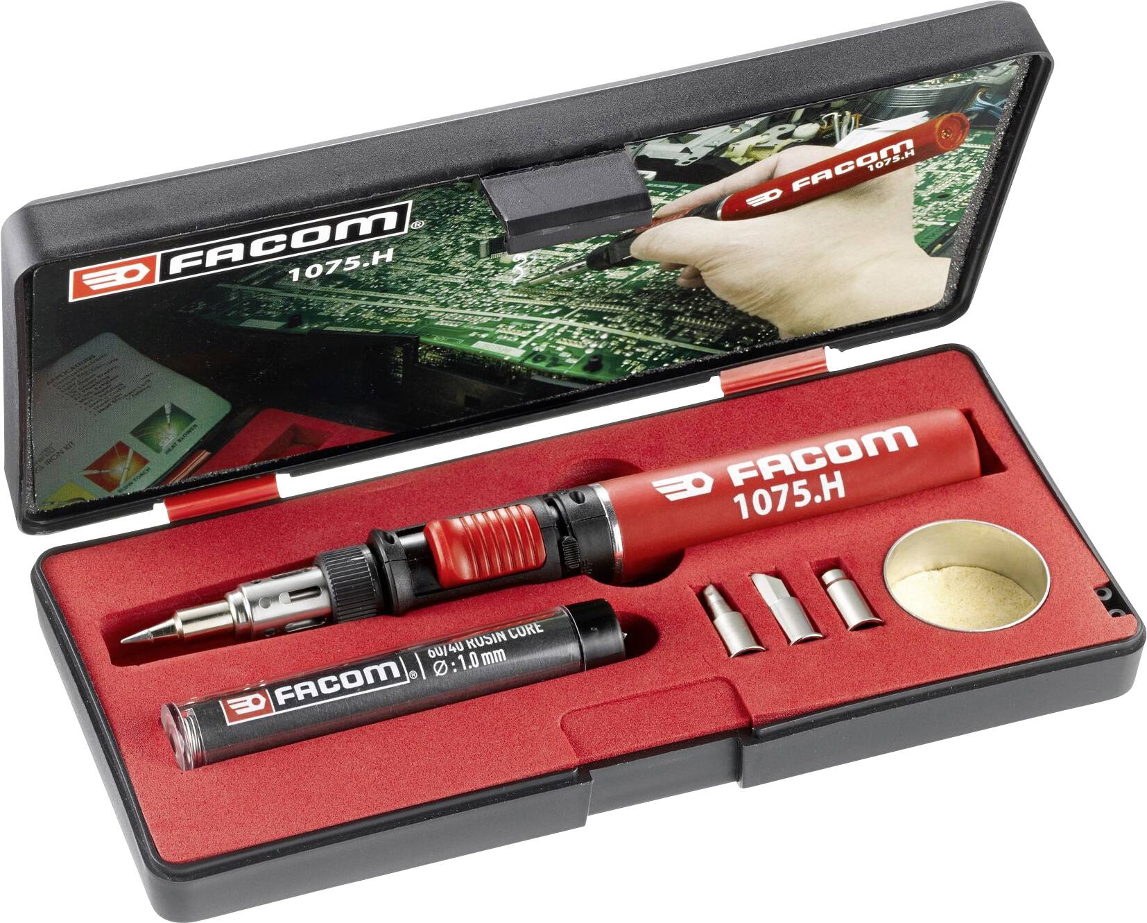 Soldering Iron Set in a red case with two tips, solder, and cleaning sponge. Packaging displays brand 'Facom 1075.H'.