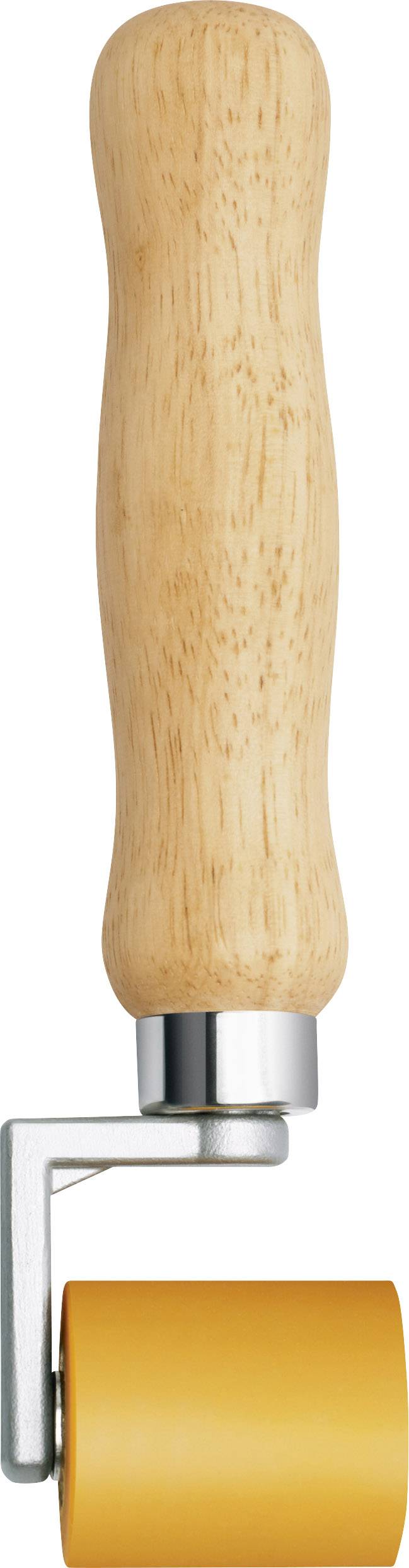 A wooden handle with an orange rubber roller underneath, used for applying even pressure.