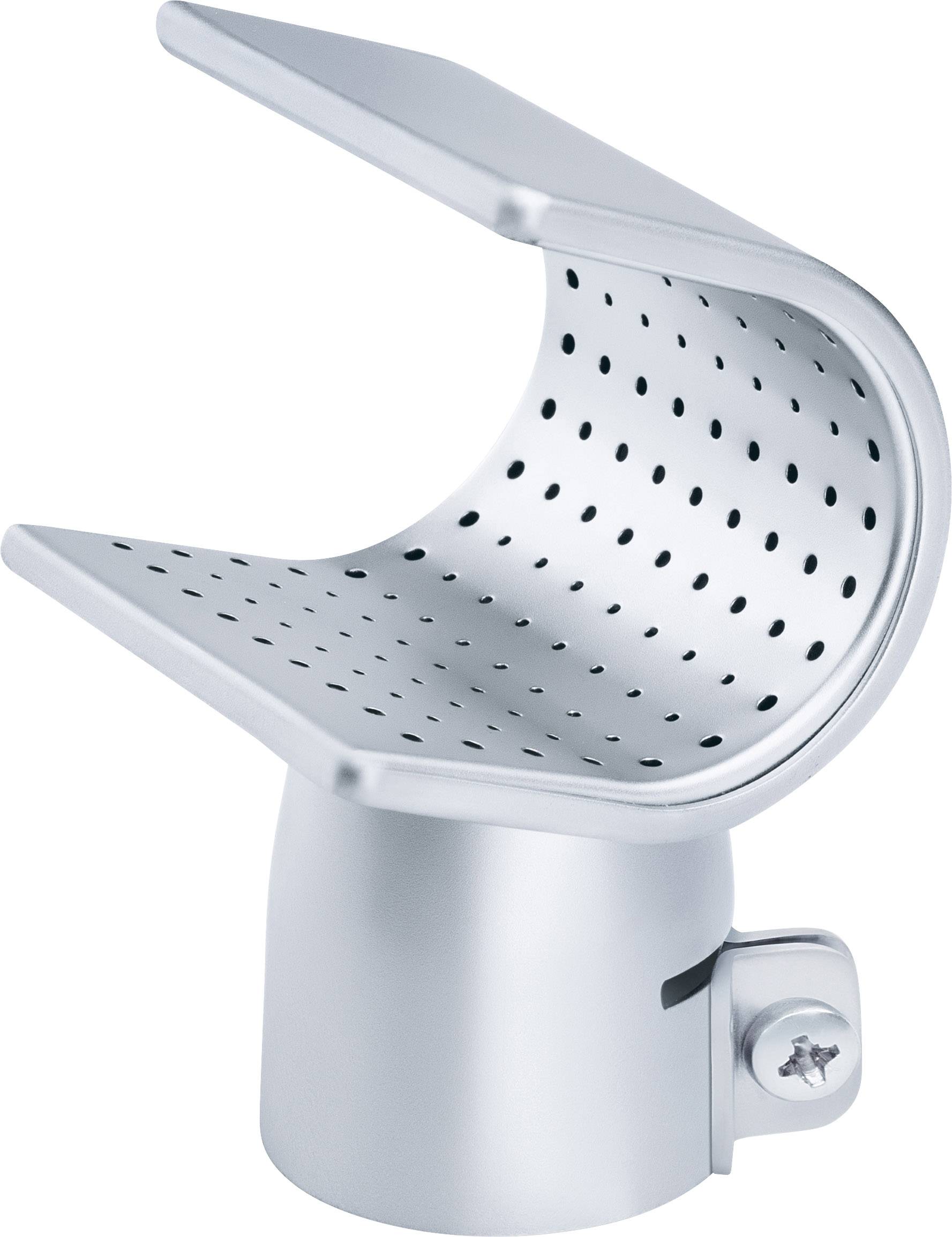 A silver, perforated metal microphone holder, suitable for mounting on a stand.