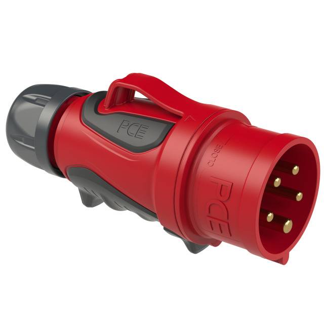 Red CEE-plug with five pins for industrial electrical applications, suitable for higher voltages and current strengths.
