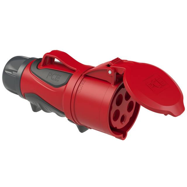 Circular red industrial coupling with five connection points and a hinged lid, used for electrical connections in machinery.