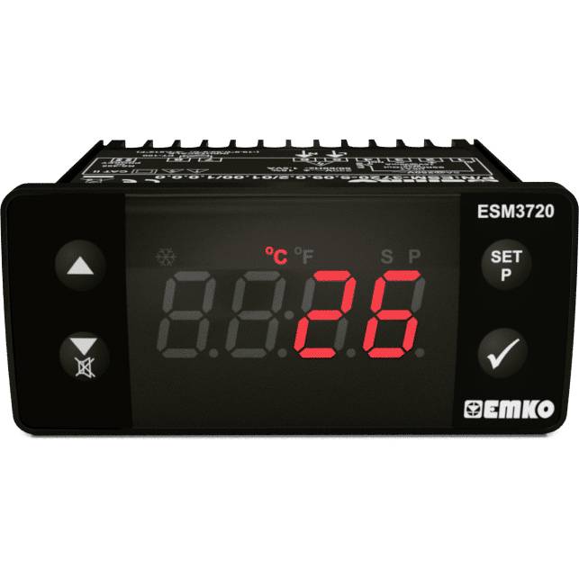 Digital control panel of a temperature controller, displaying '26°C'. Brand name 'EMKO' in the bottom right. Square-shaped with multiple buttons.