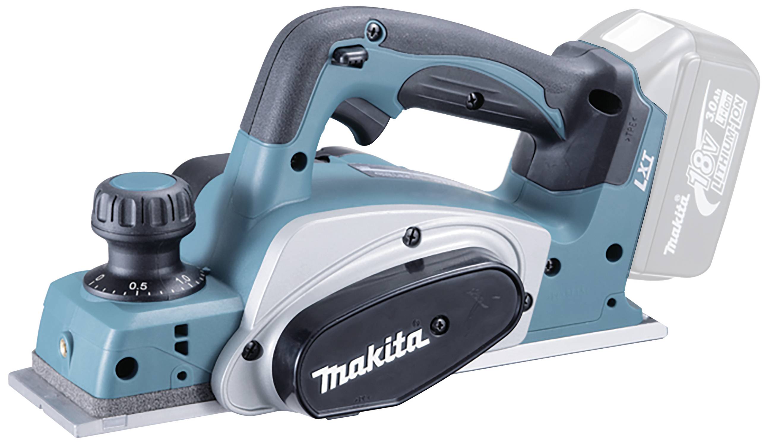 Electric planer with a blue casing and black handle, battery located on the rear. Marking shows 'Makita' on the side of the device.