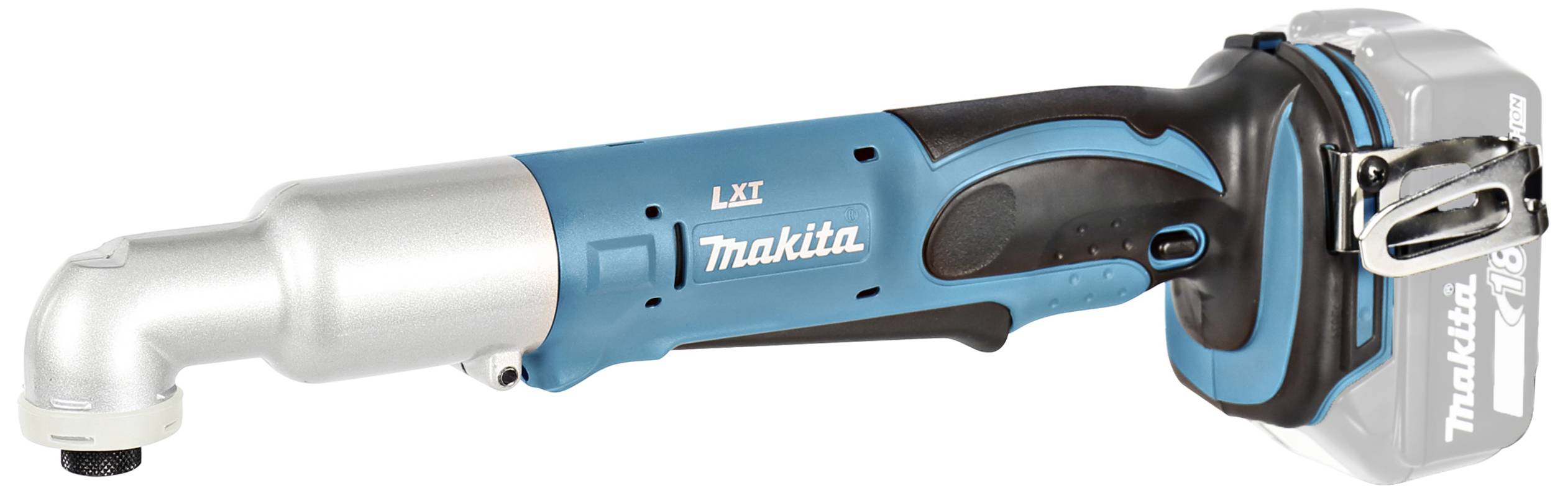 A cordless angle impact driver with a blue casing, ergonomic handle, and battery-powered operation. 'Makita' brand name visible.