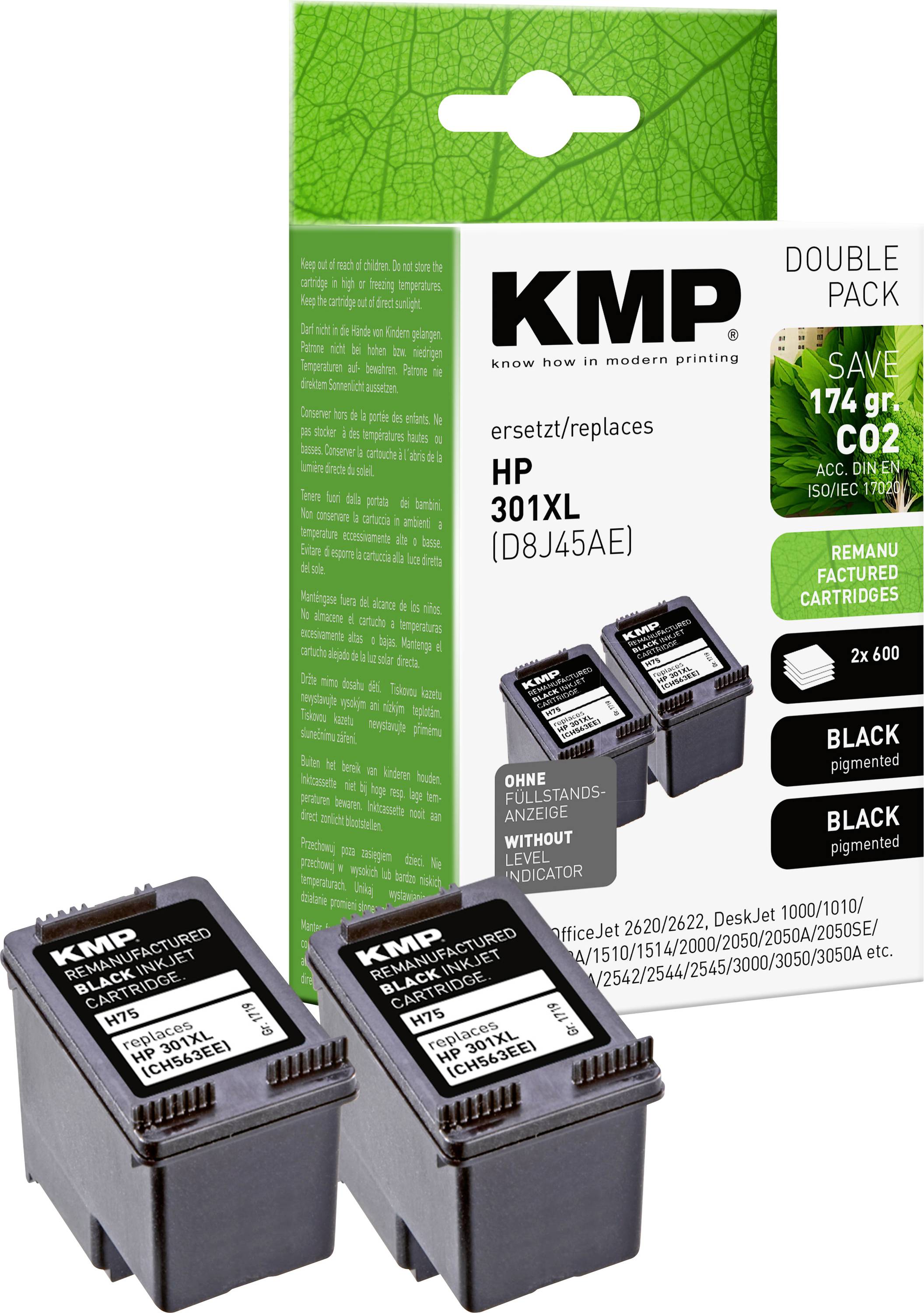 'KMP' branded ink cartridge double pack including two black cartridges compatible with HP 301XL printers, labeled with eco-savings info.