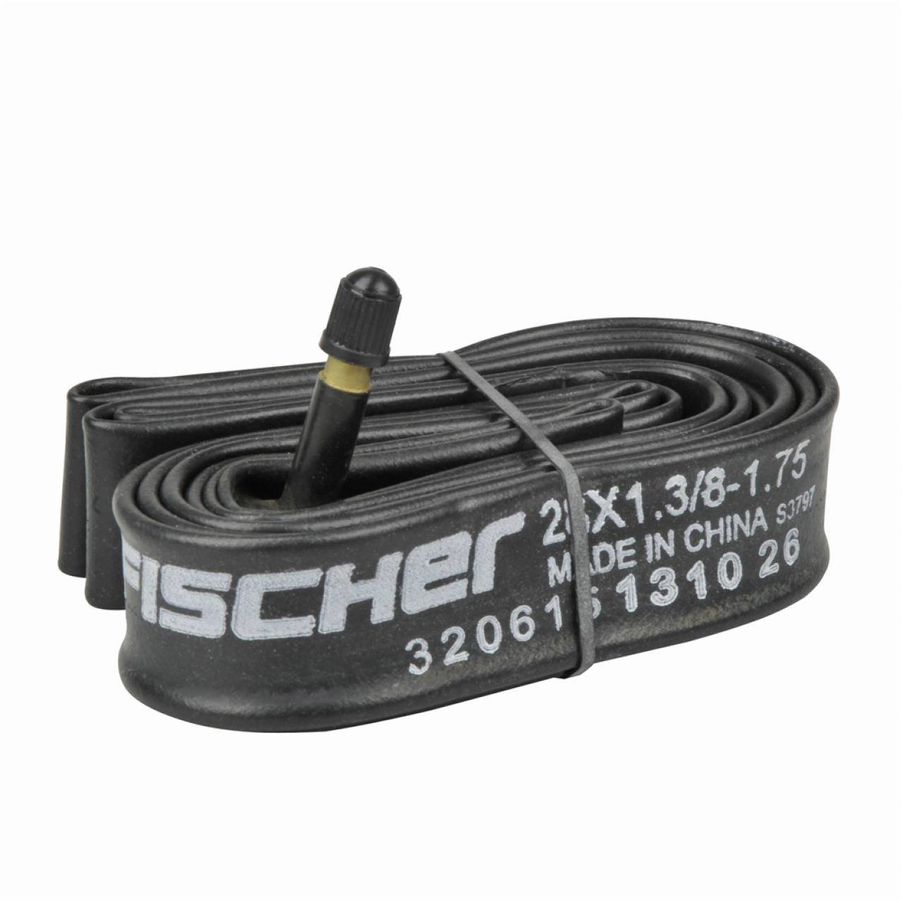 Fischer bicycle tyre inner tube, size 26x1.3/8-1.75, manufactured in China. Packaged with valve visible.