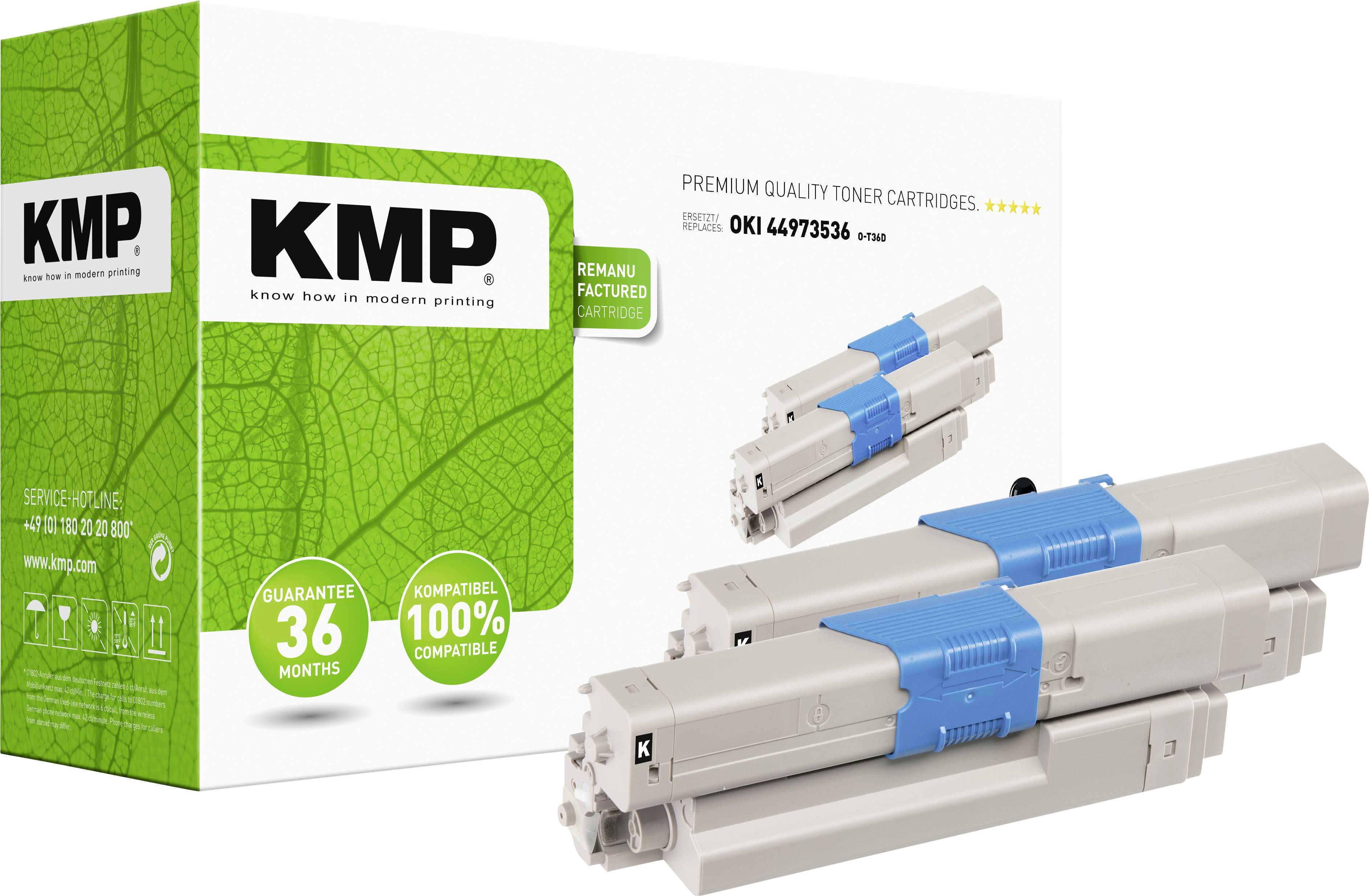 Printer cartridge in grey colour with blue elements, packaging labelled 'OKI 44973536'. Warranty: 36 months, compatible.