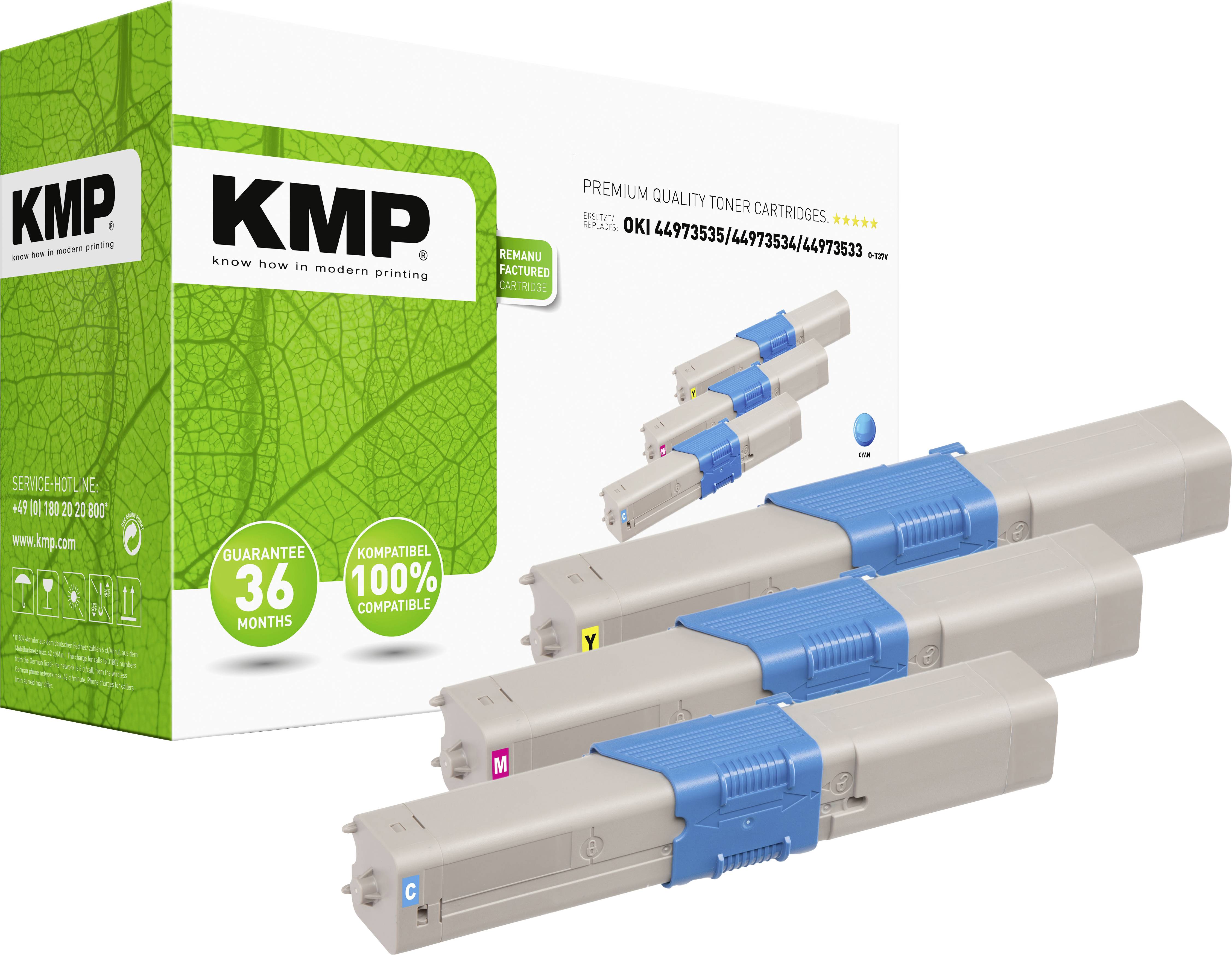 'Three compatible toner cartridges in front of a box with the KMP logo. On the box it reads: 
