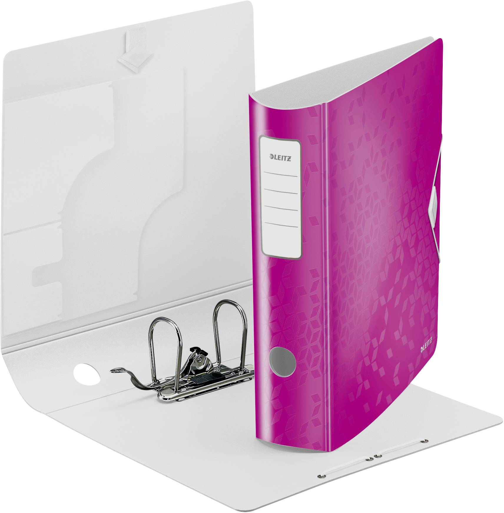 A pink Leitz folder is open on a white surface. It has a lever mechanism and is designed for organising documents.