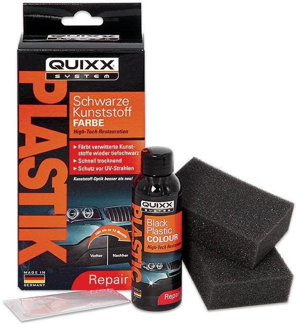'QUIXX Plastic Black' - Pack for black plastic paint with bottle and sponges. Provides protection and restoration for car parts.