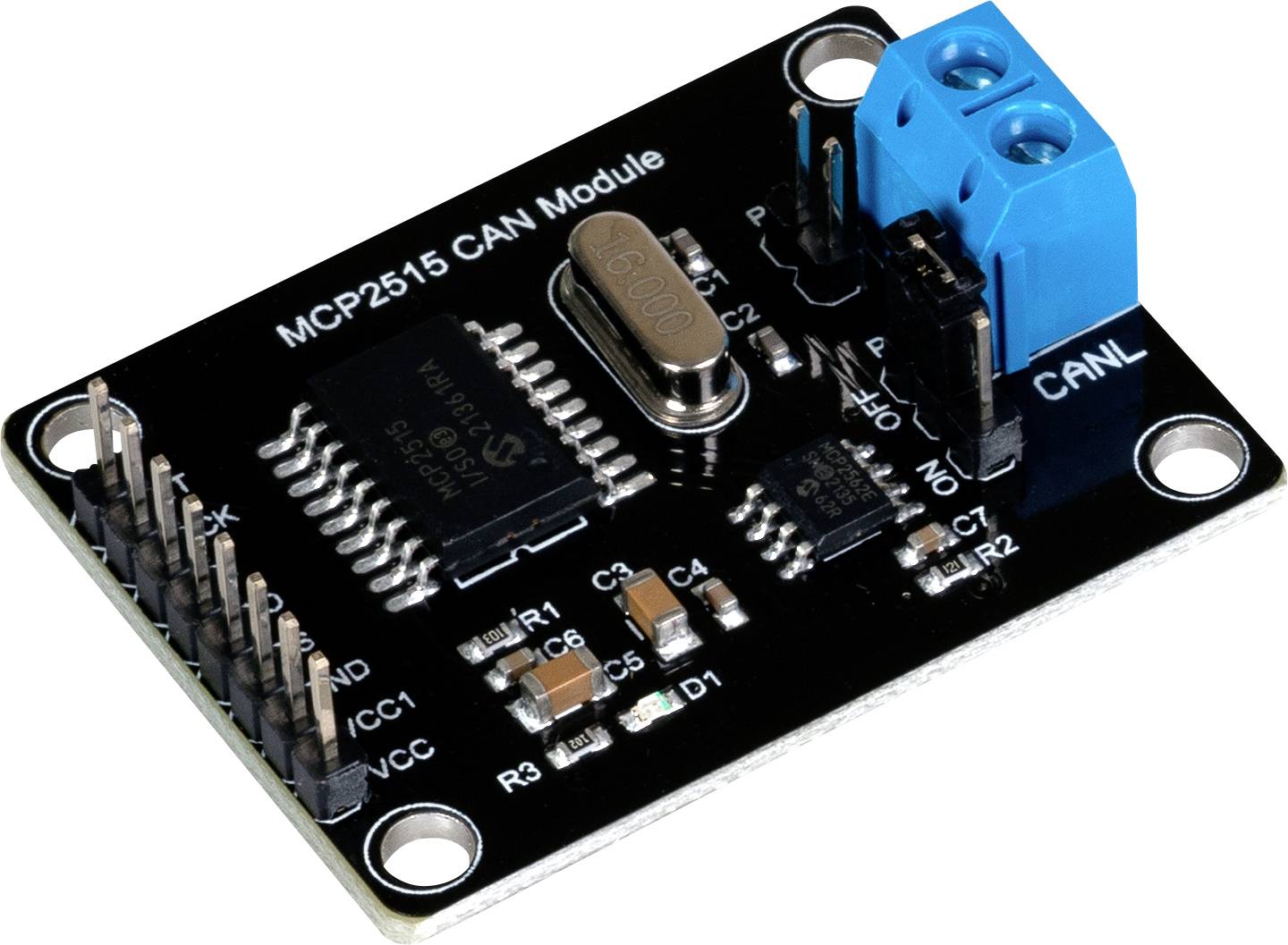 A MCP2515 CAN module, an electronic circuit with pins and a blue connector, mounted on a black circuit board.