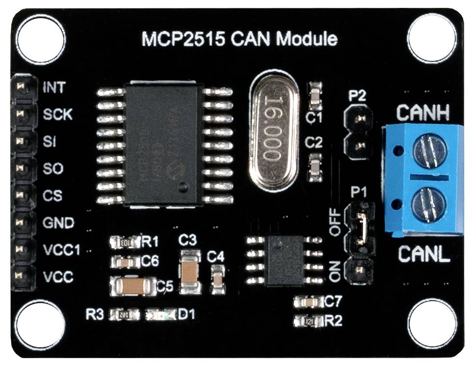 Black MCP2515 CAN Module with multiple integrated circuits and connections for CANH and CANL, used for network communication.