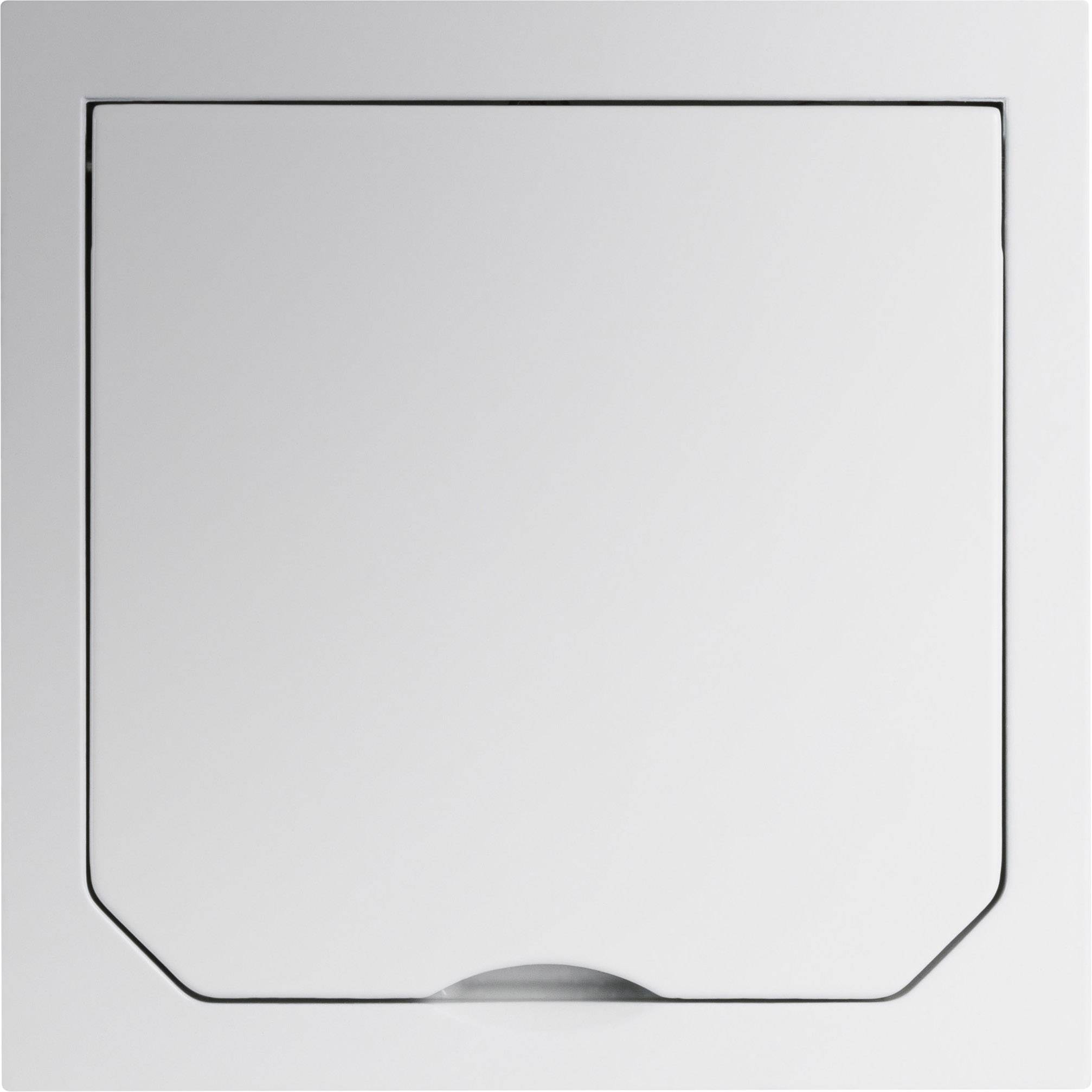 White electrical socket with cover in closed position.