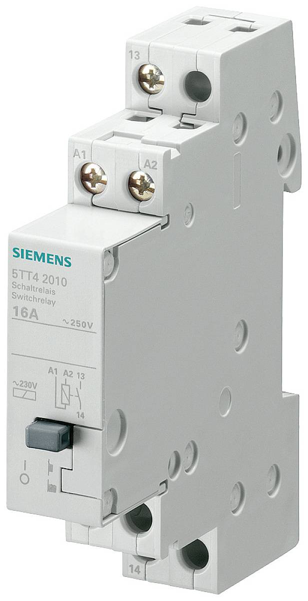 A grey electrical switching relay by Siemens with the model number '5TT4 2010', 16A and 250V capacity, suitable for DIN rail mounting.