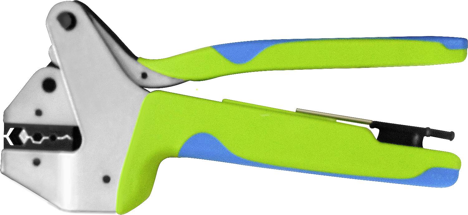 Green and blue cable crimping pliers with a silver insert, suitable for connecting electrical cables.