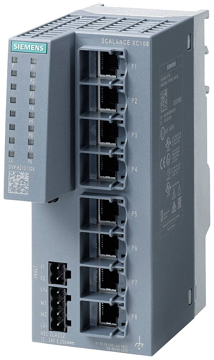 A grey Siemens network switch with eight Ethernet ports, model 'SCALANCE XC108', indicates status through LEDs on the front panel.