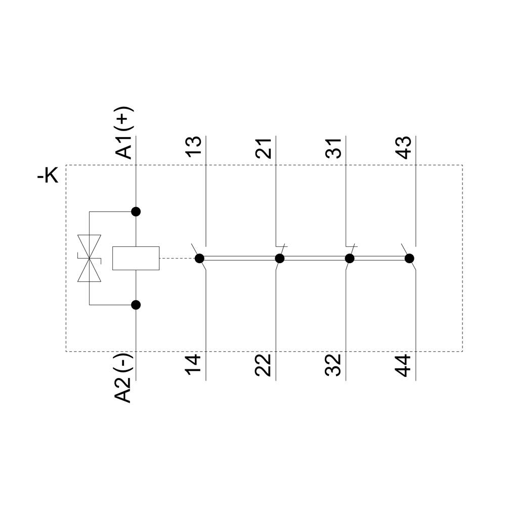 Relay circuit diagram: A1(+) and A2(-) terminals, with four switch pairs (13-14, 21-22, 31-32, 43-44), line connecting switches.