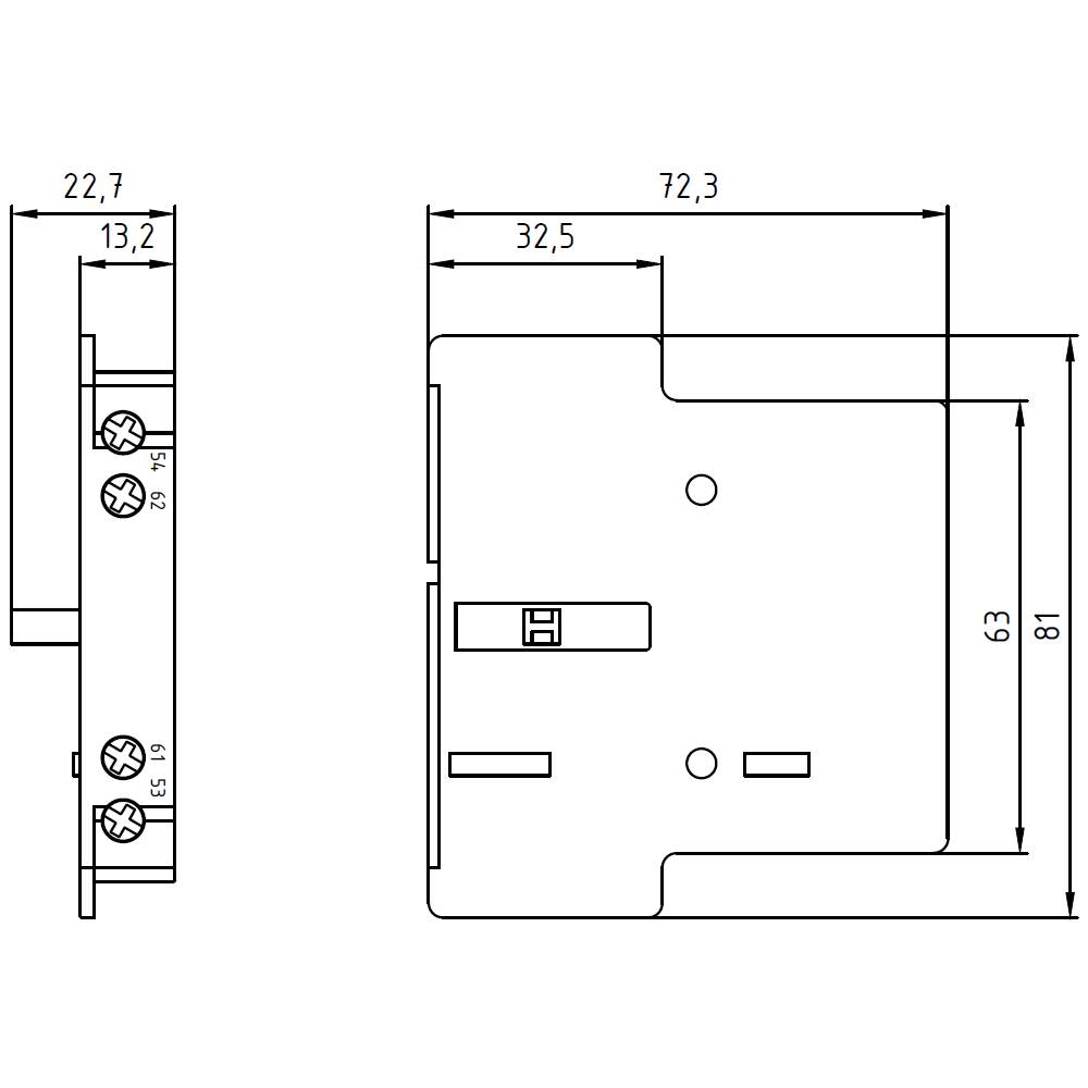 Technical drawing of a metal part with detailed dimensions in millimetres, shown in front and side view.