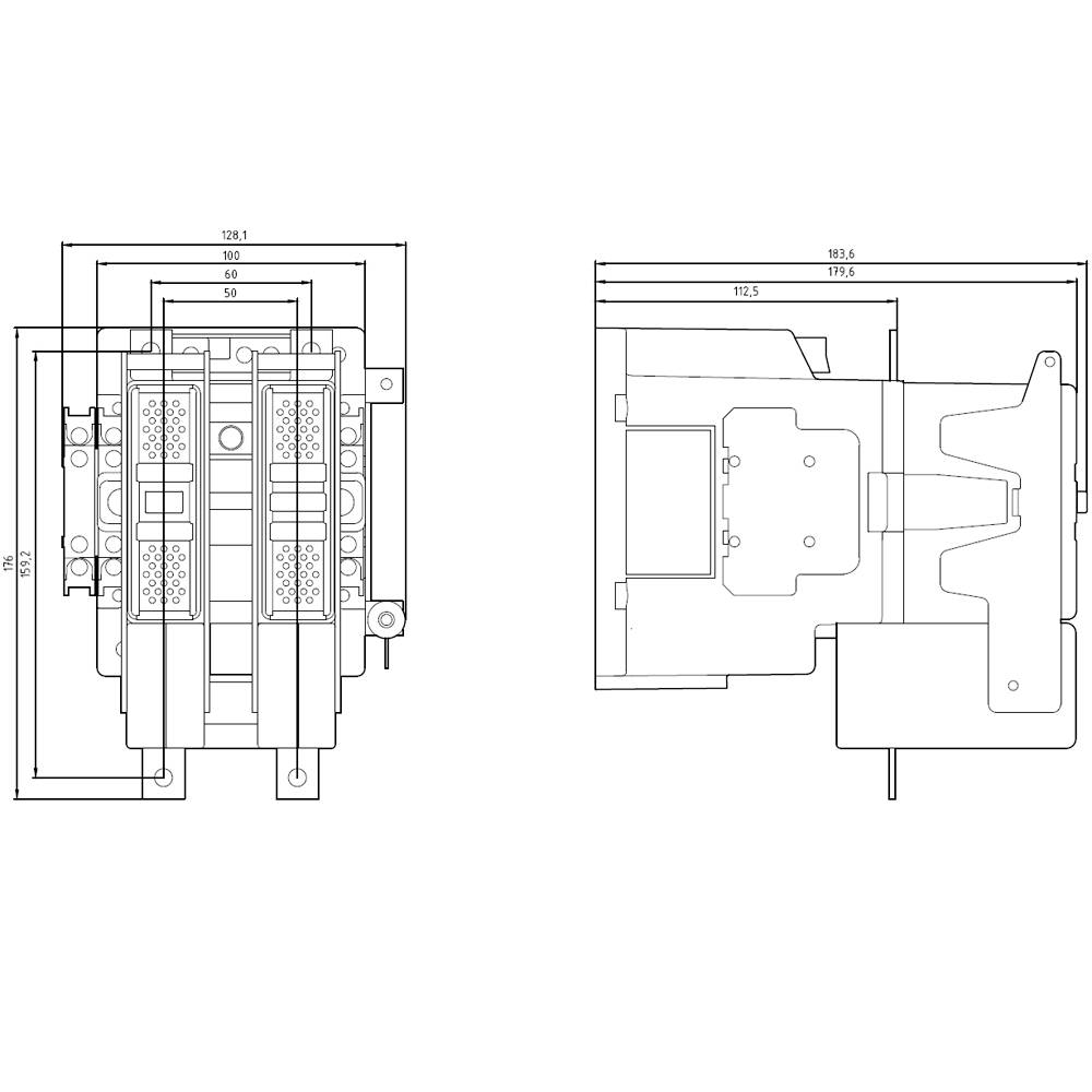 Technical drawing of an electrical component with detailed dimensions and two views: front view and side view.
