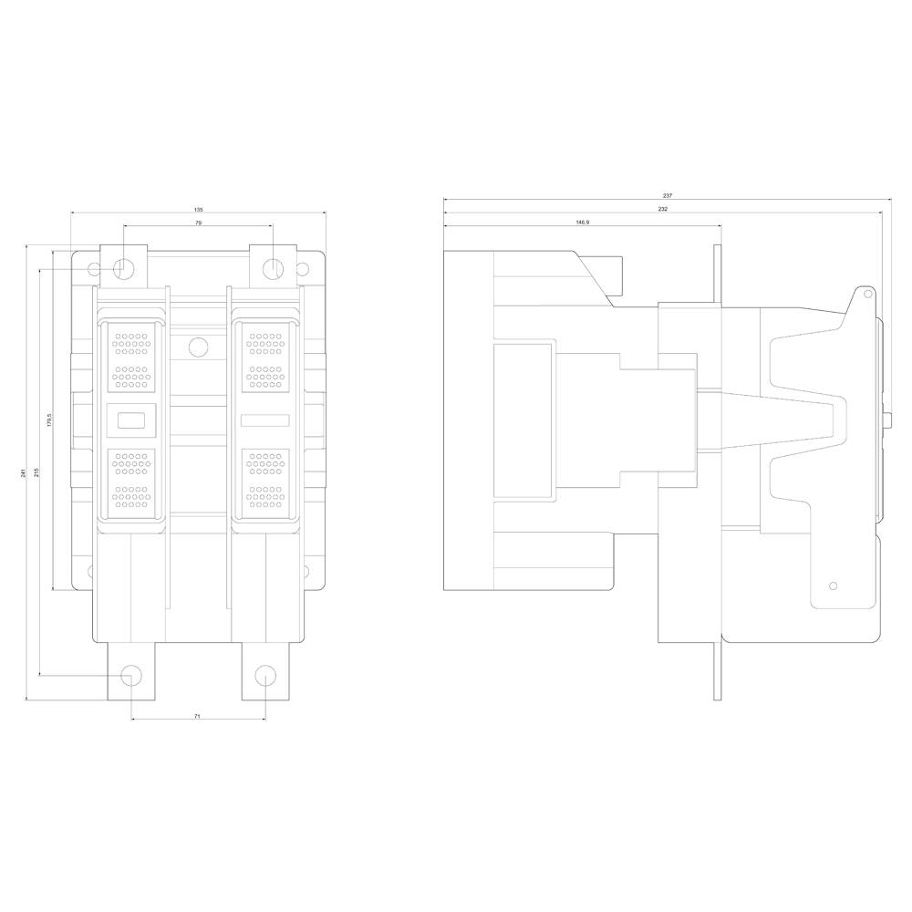 A technical drawing of an electrical switch with front and side views. Dimensions and specific technical details are marked.