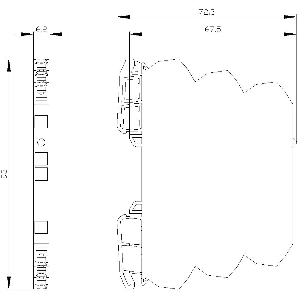 Technical drawing of a component with dimensions: 93 mm height, 6.2 mm width. Side view shows 72.5 mm length.