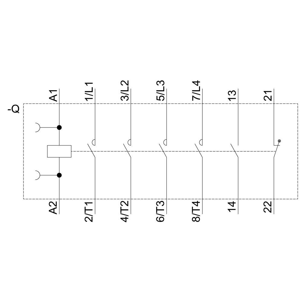 Circuit diagram of a control circuit with two relays and multiple connections. The contacts A1 and A2 are labelled with numbers from 1 to 22.