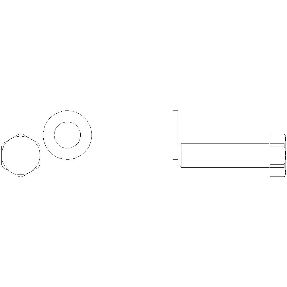 Technical drawing of a screw bolt with nut, top view and side view. Shows the form and proportions of the parts.