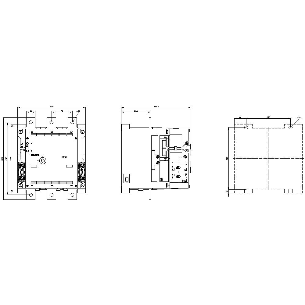 Technical drawing of an electrical circuit with detailed dimensions and component views.