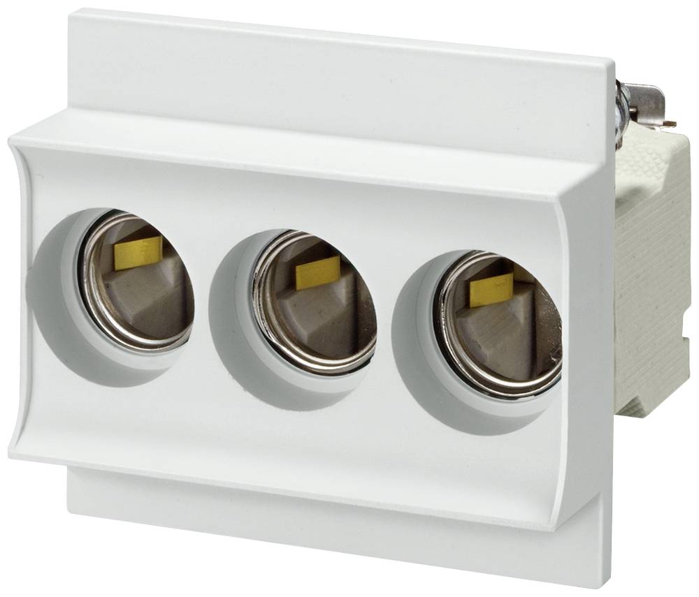 Triple coin validator in a white housing; used for identifying coins in vending machines or similar devices.