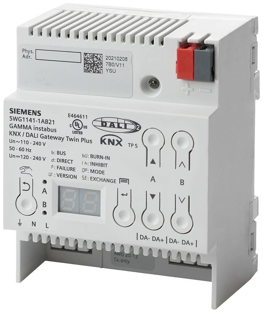 A Siemens KNX/DALI gateway module, model 5WG1141-1AB21, shows a front view with connections for mains voltage and a display for settings.