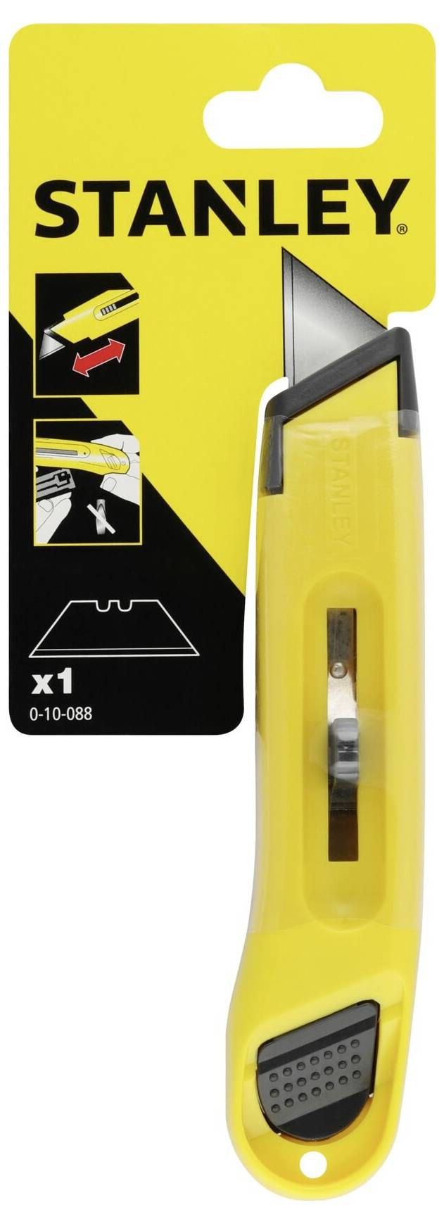 A yellow Stanley utility knife with a black handle. The packaging displays instructions for blade installation and an image of replacement blades.