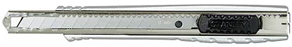 A silver retractable utility knife with a black grip and a segmented blade, commonly used for cutting tasks.