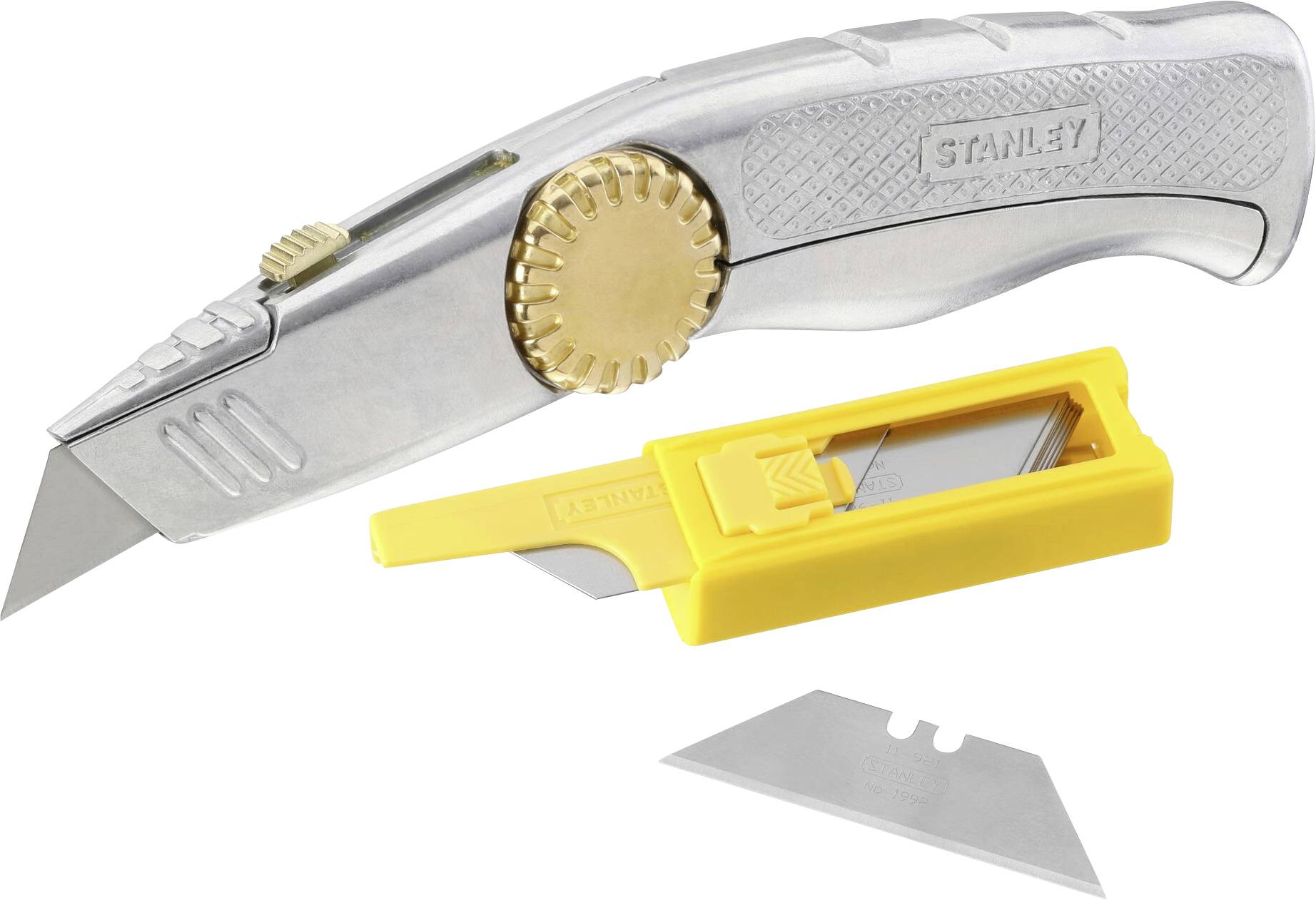 A silver multi-tool knife with a yellow blade dispenser and spare blade. Primary tool for cutting tasks.