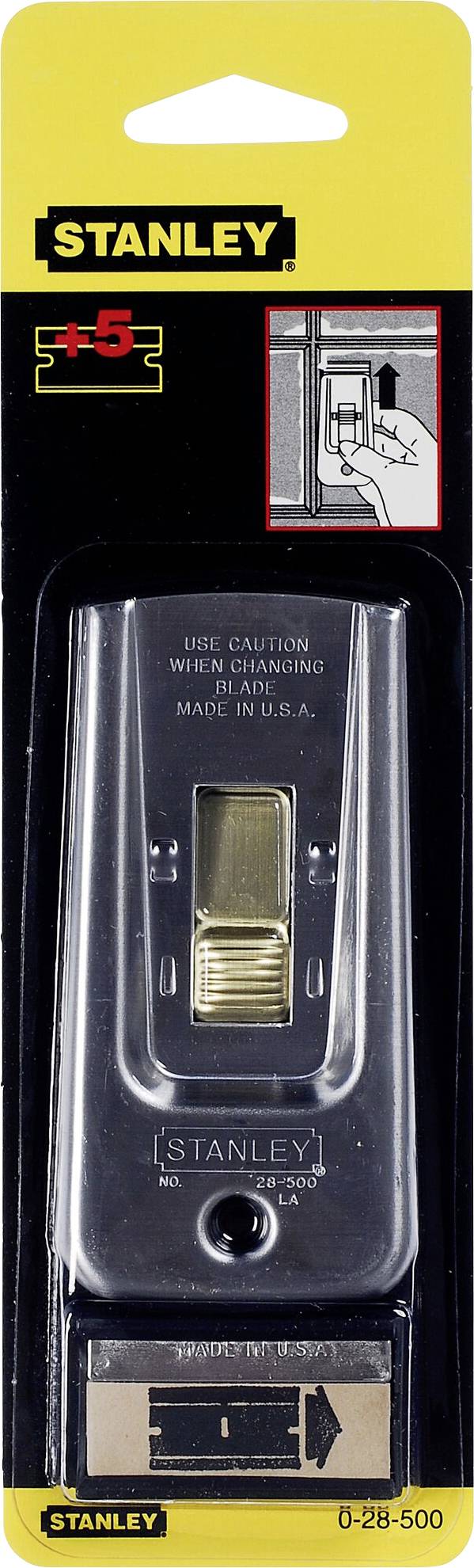 Metal Stanley colour scraper with replacement blades in yellow packaging. Warning label indicates risk of injury.