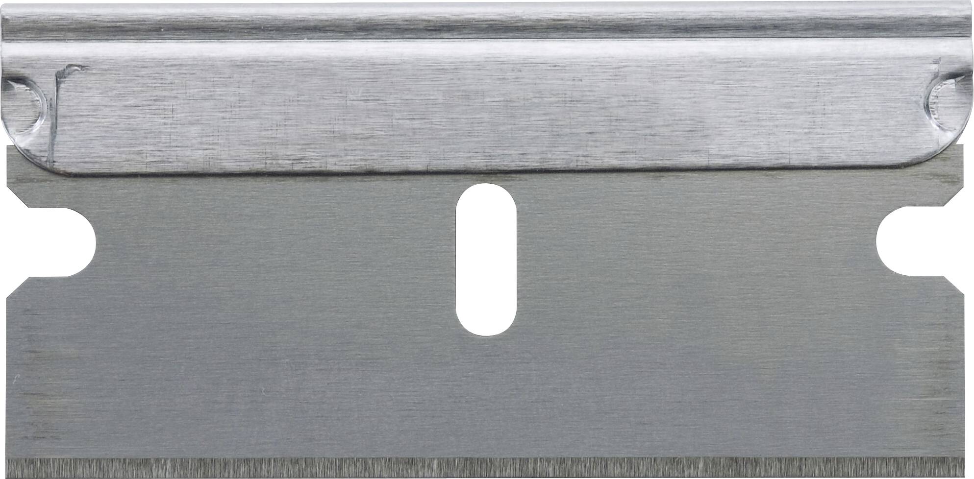 A metal razor blade with a rectangular shape and an opening in the centre, used for cutting or shaving.