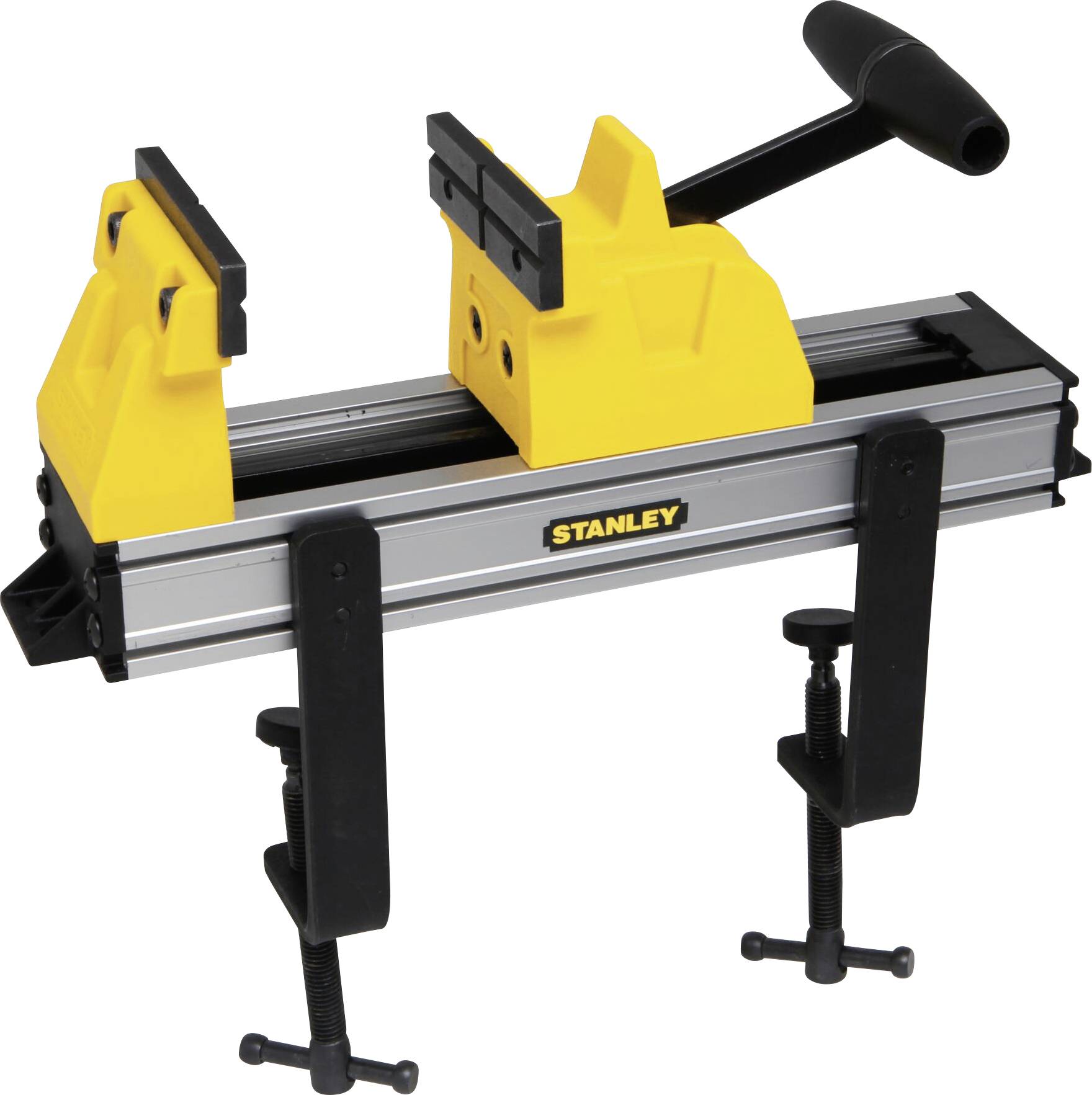 A yellow and black vice with 'Stanley' printed on it, mounted on a workbench, with two G-clamps.