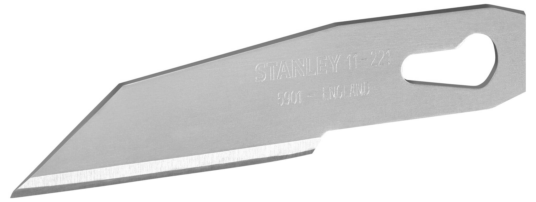 Pictured is a silver blade with a bevelled tip and a hole for hanging, suitable for precise cutting tasks.
