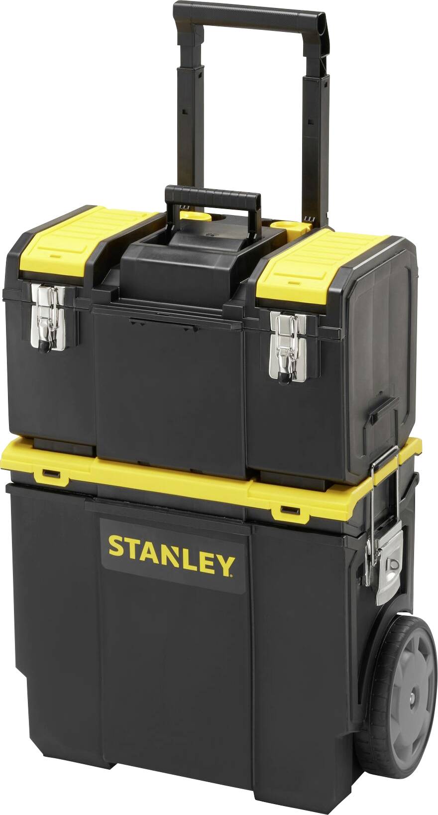 Black tool box with yellow fastener, telescopic handle and wheels, brand name 'STANLEY' on the front.