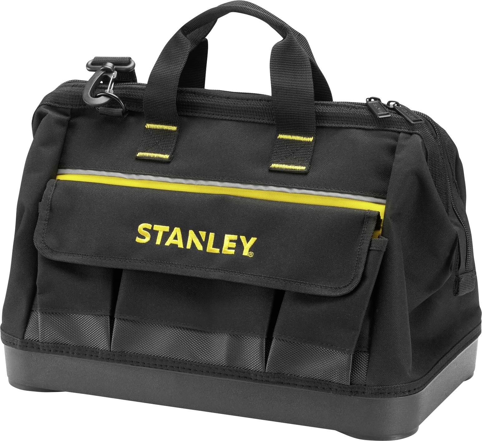 Black tool bag with yellow zip and STANLEY lettering. Robust construction, suitable for tradespeople.