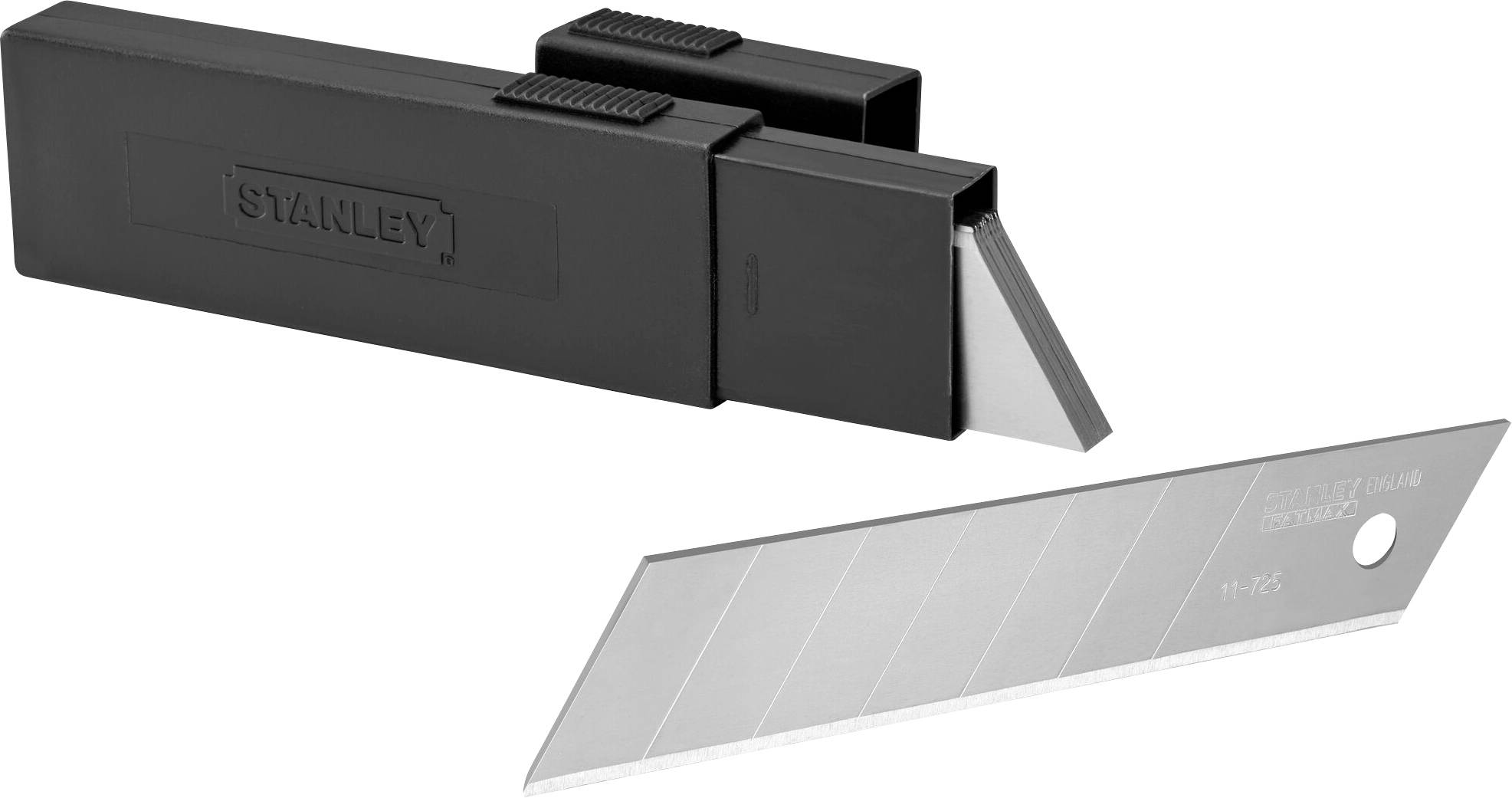 Black container with the 'STANLEY' brand, contains several trapezoidal replacement blades for utility knives. The blades are silvery and sharp.