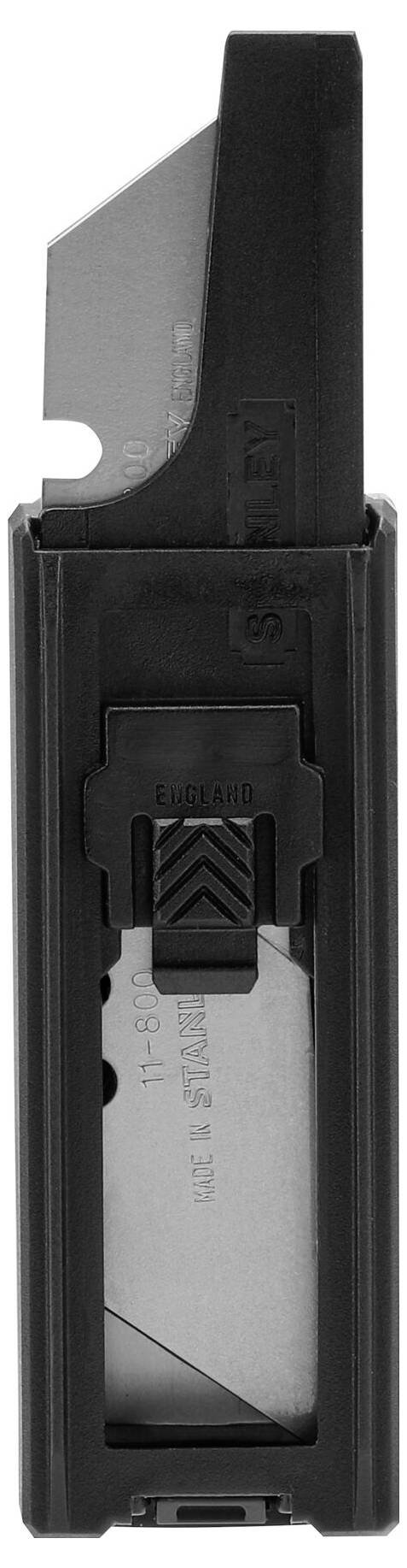 A black utility knife with a retractable blade, partially extended. Text on the blade: 'BLADES'.