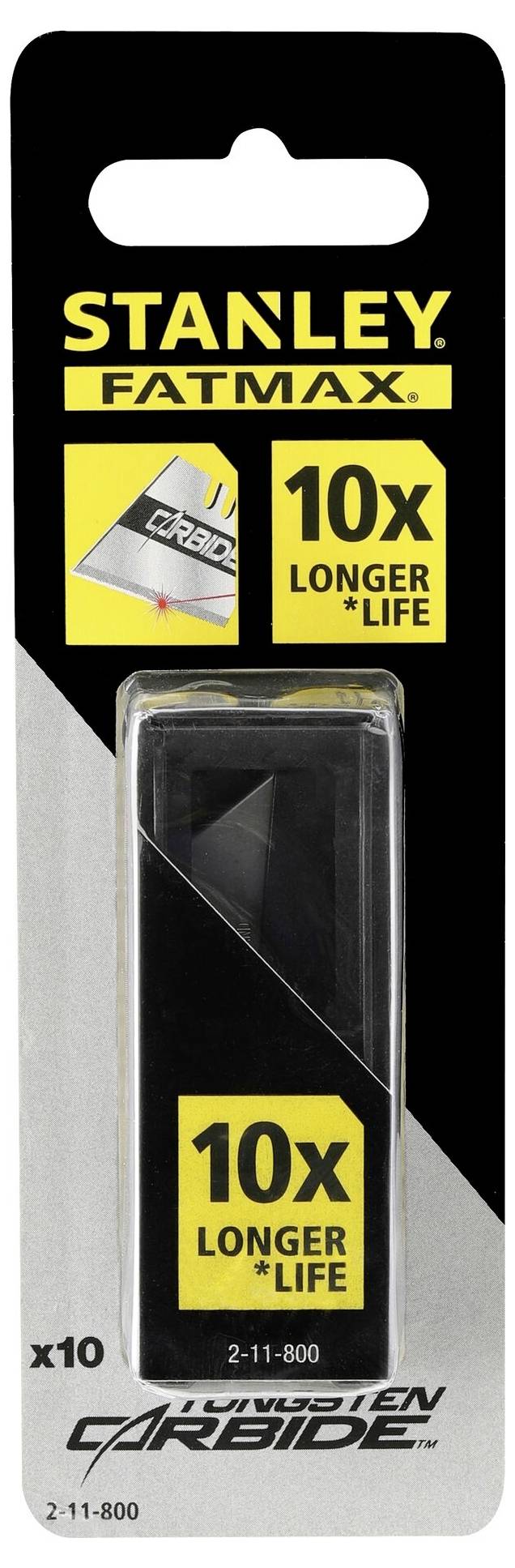 'STANLEY FATMAX' Blade Packaging, showing a blade box with the note '10x longer life'. 10 blades per pack.