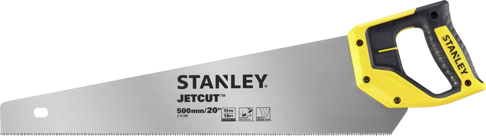 Handsaw with yellow handle, Stanley brand, Jetcut model, blade length 500 mm.