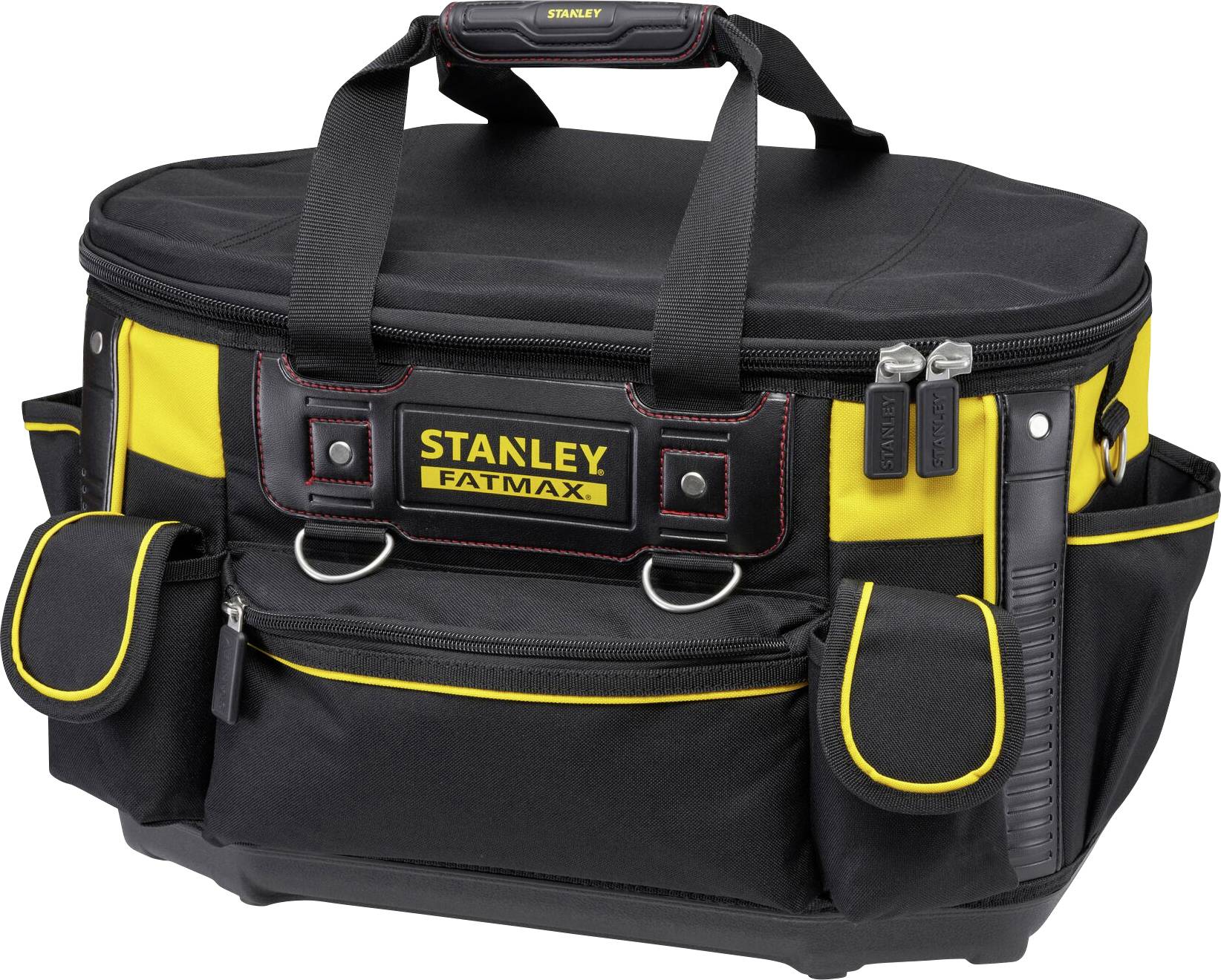 Black and yellow tool bag with 'STANLEY FATMAX' logo, multiple external pockets and sturdy carry straps.